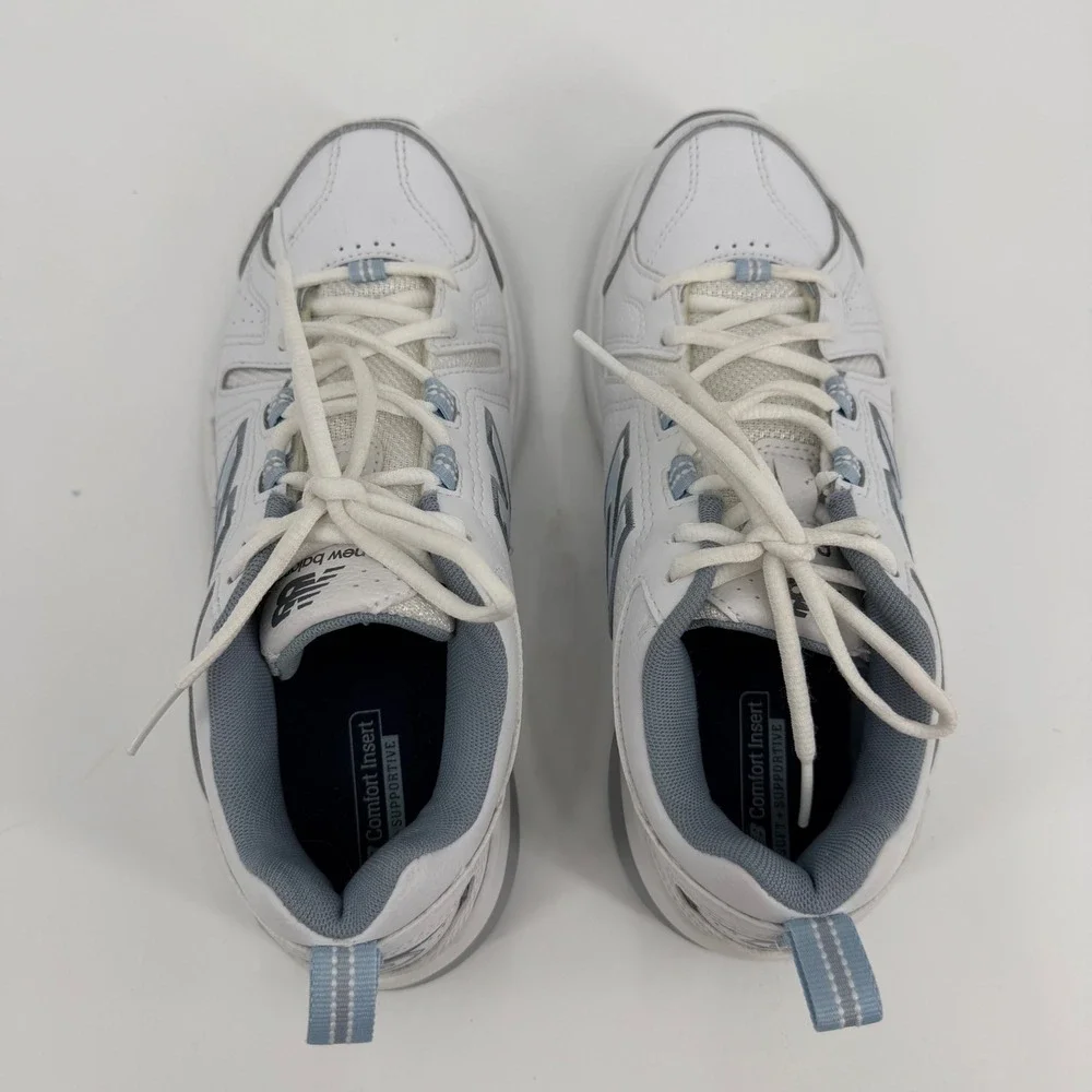 New Balance 608v5 White Blue Leather Training Shoes WX608WB5 Womens 7.5 Narrow